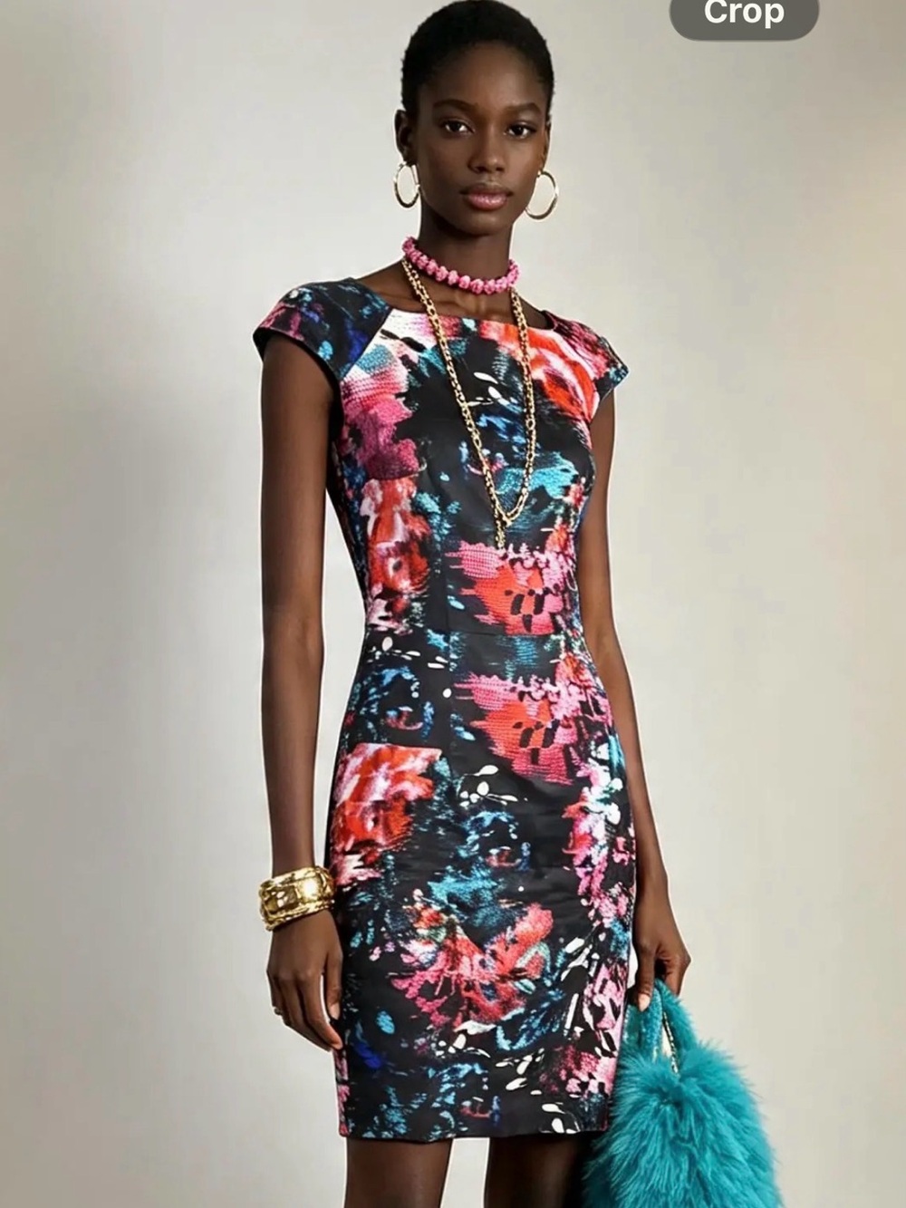 FRENCH CONNECTION graphic floral dress. Cap sleeve fitted statement dress